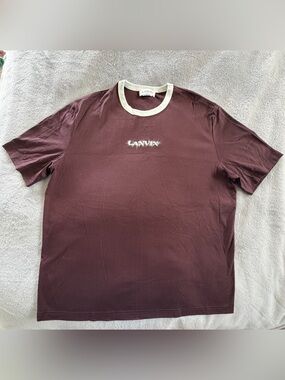 Lanvin Men’s Burgundy Logo Tee with Cream Contrast Collar Size L